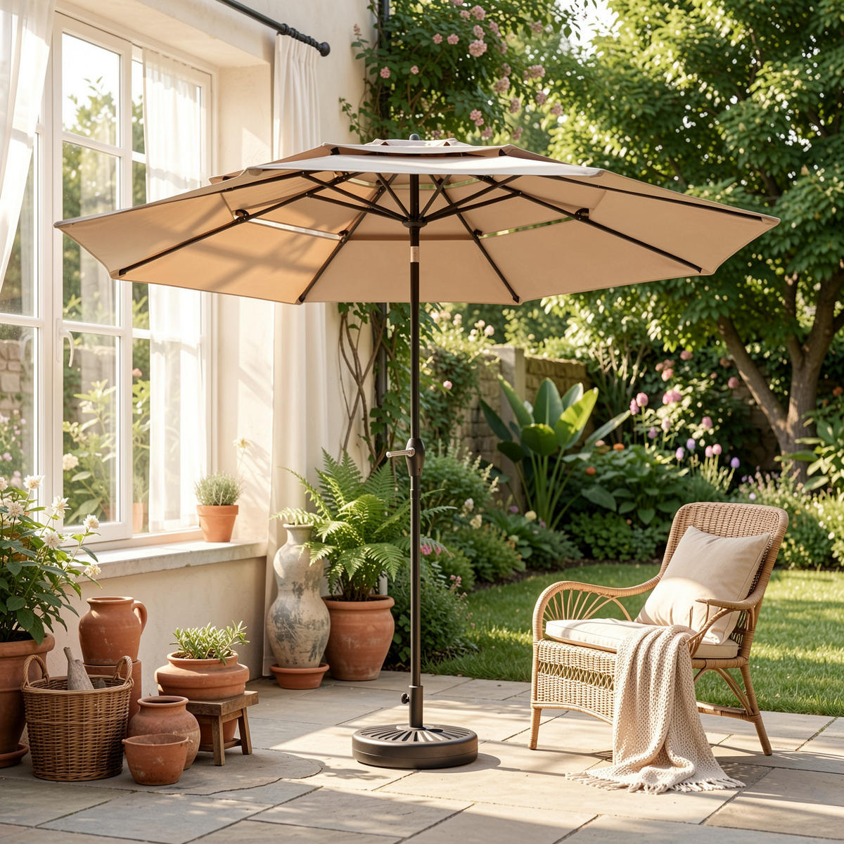 SONNENSCHIRM 294 cm Khaki Stahl Doppelseitiger Gartenschirm mit Kurbel für Terrasse & Pool - Sandfarben, Metall (294/294cm) - Urban Meuble