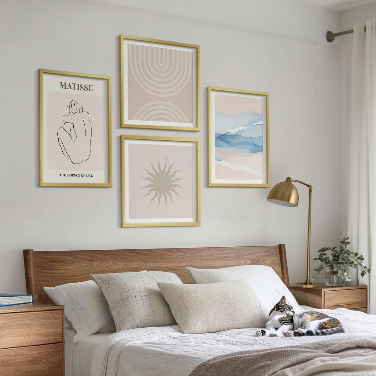 WANDBILDER 4er Set - 50x50 cm & 40x60 cm Goldrahmen - Linien, Wellen, Pastellfarben, minimalistisch - Goldfarben, Kunststoff (50/50cm) - ArtPrintCave