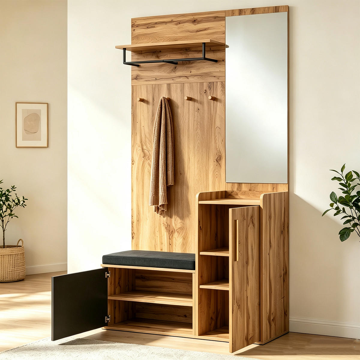 GARDEROBE mit Spiegel und Bank, Schrank mit Schuhregal und Haken - Multicolor, Holzwerkstoff (38/185/100cm) - Meubles Cosy