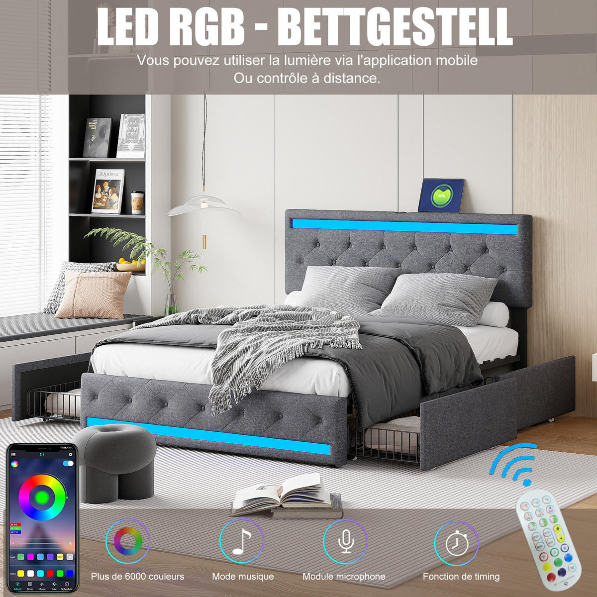 POLSTERBETT 140x190 cm mit RGB-LED-Beleuchtung, USB-Ladestation und 4 Schubladen, Dunkelgrau - Grau, Textil (140/190cm) - DELFA