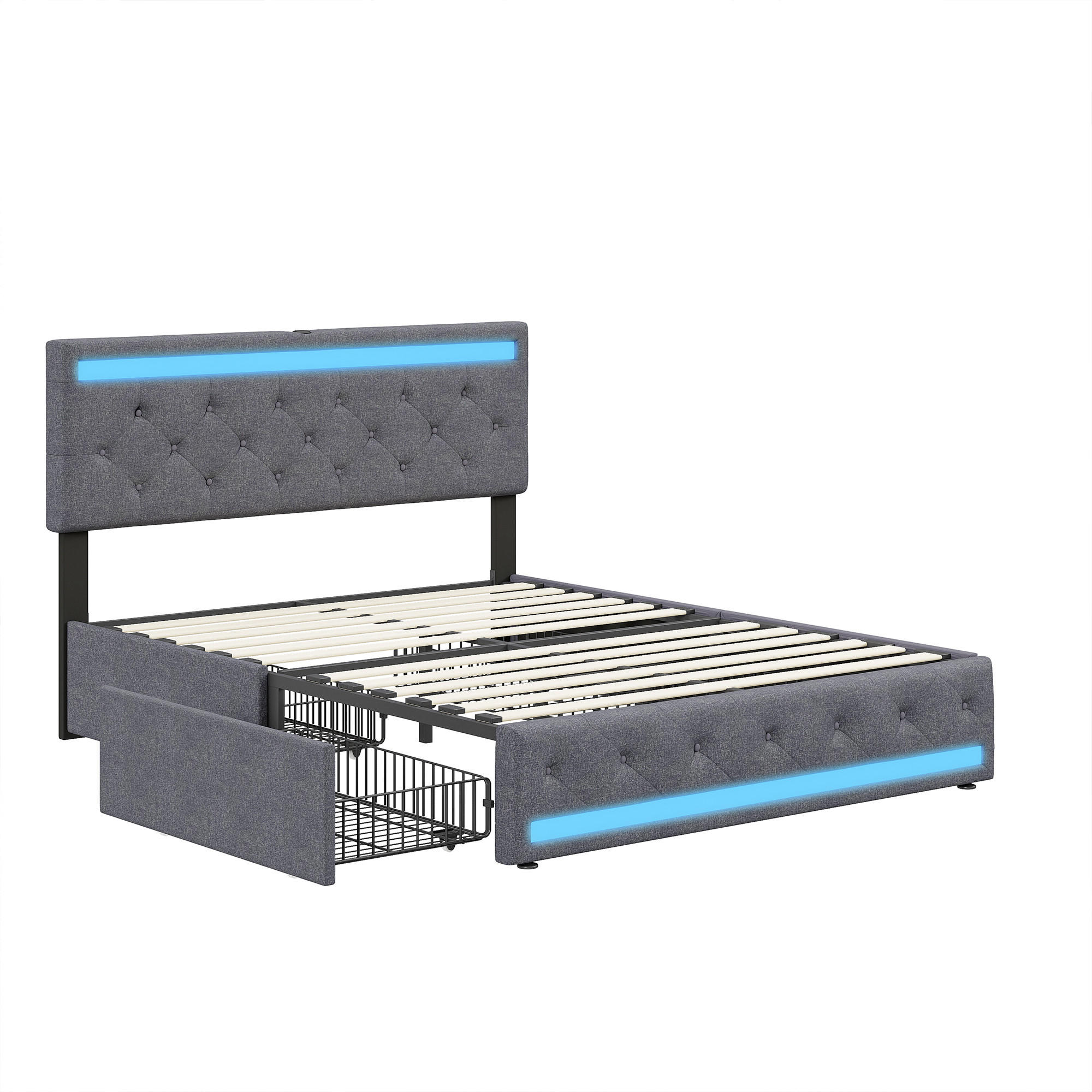 POLSTERBETT 140x190 cm mit LED, USB, 4 Schubladen, Grau - Grau, Holz (140/190cm)