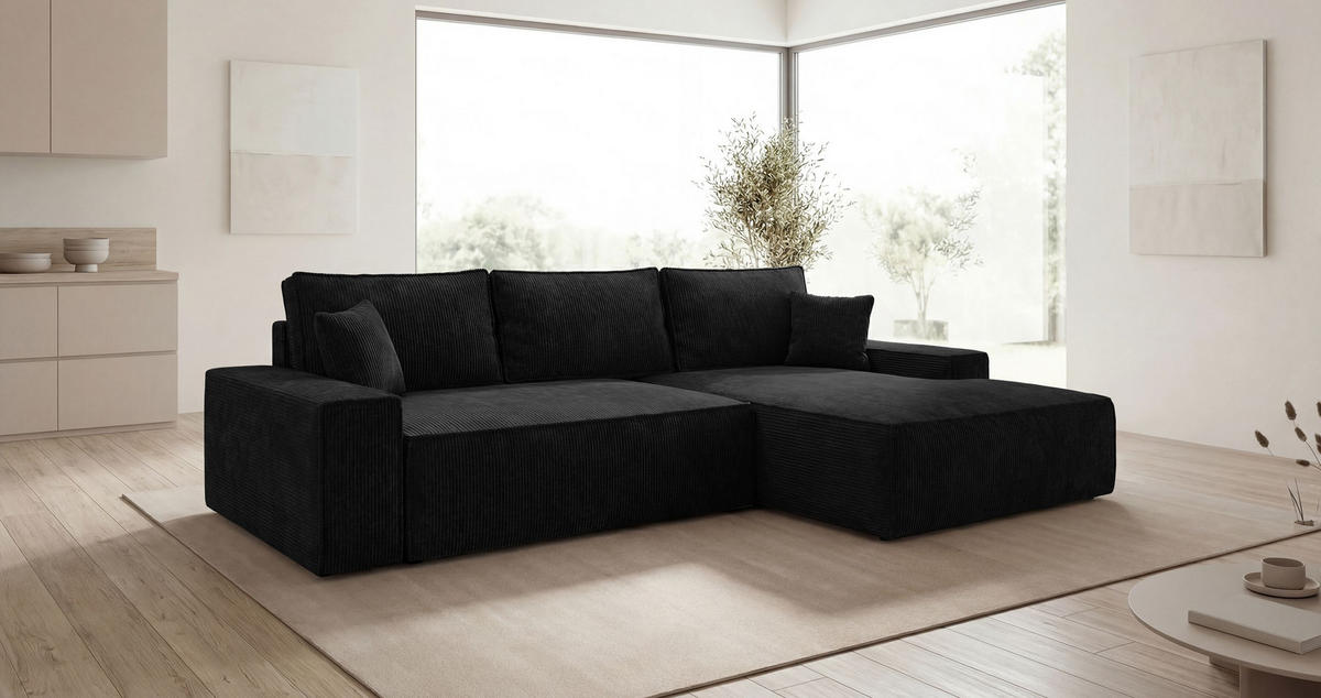 ECKSOFA VERONA rechts schwarz Cord Poso 135 - Schlaffunktion, Bettkasten - Schwarz, Textil (280/184cm) - Cornero