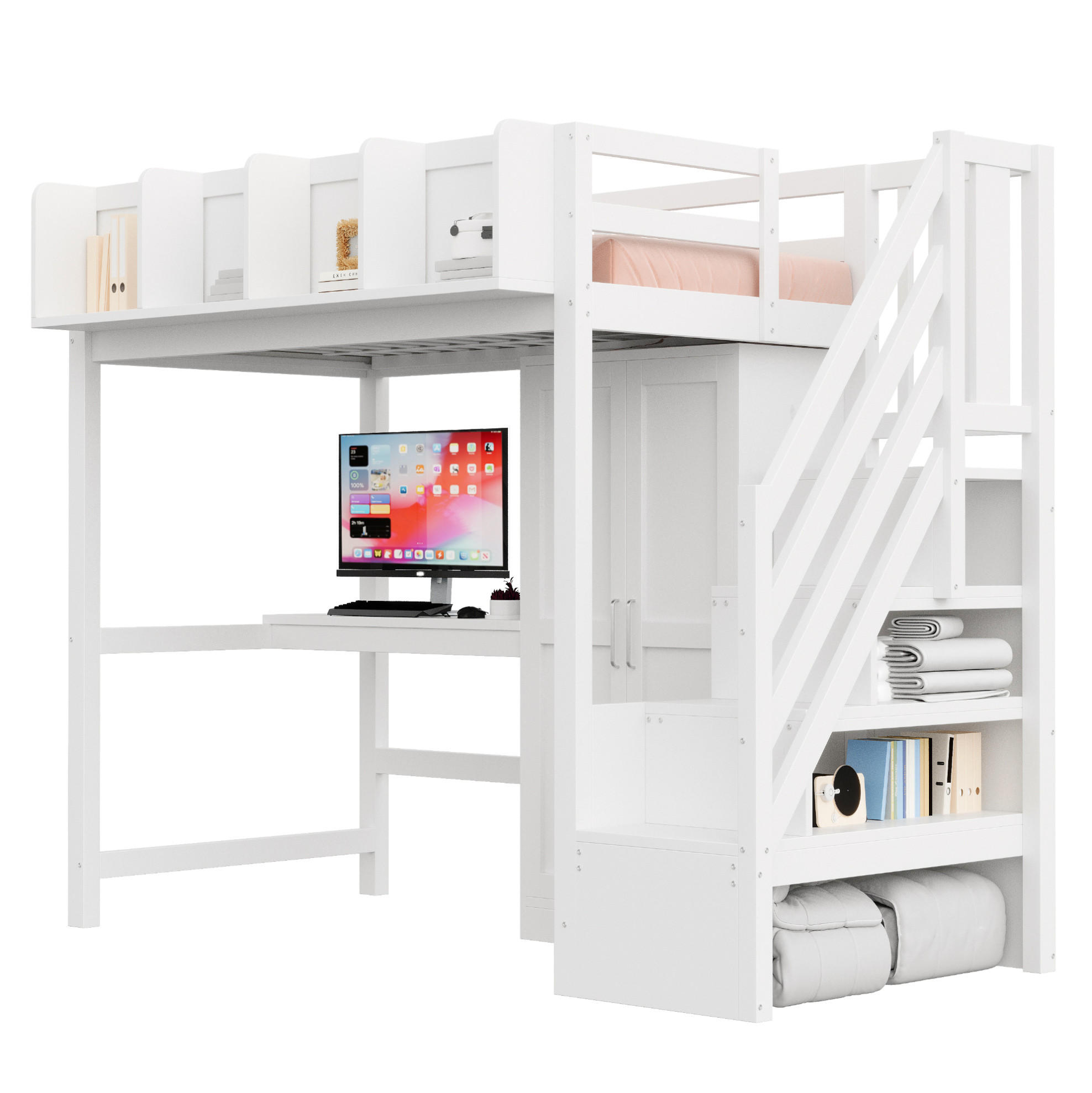 HOCHBETT 90/200 cm aus Holz mit Schreibtisch und Stauraum Weiß - Weiß, Holz (90/200cm) - OKMYHOME