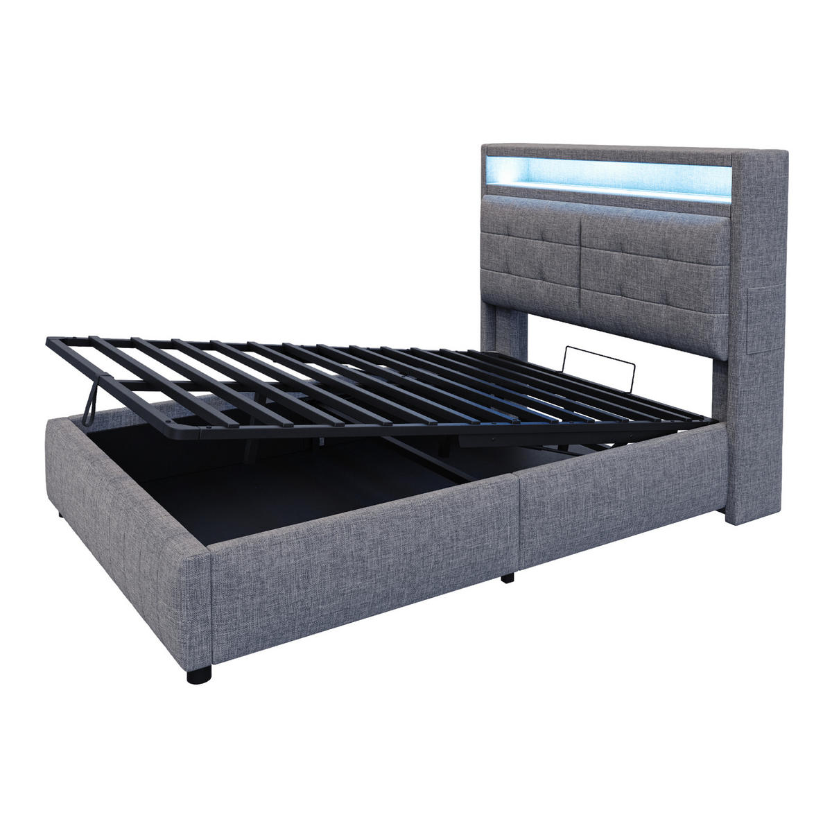 POLSTERBETT 140/200 cm aus Leinenstoff mit LED-Beleuchtung, USB-Anschluss, Stauraum und Kopfteil mit Ablagen, Grau - Grau, Textil (140/200cm) - Redom