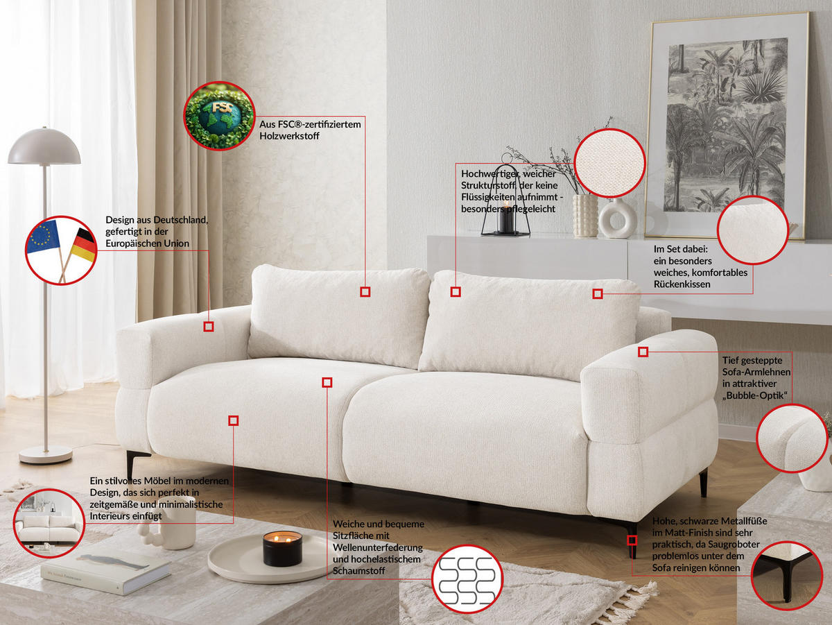 3-SITZER-SOFA Cardea in Bubble-Optik aus weichem Creme Strukturstoff mit hohem Sitzkomfort - Creme/Schwarz, Holz/Textil (217/80/97cm) - S-Style Möbel