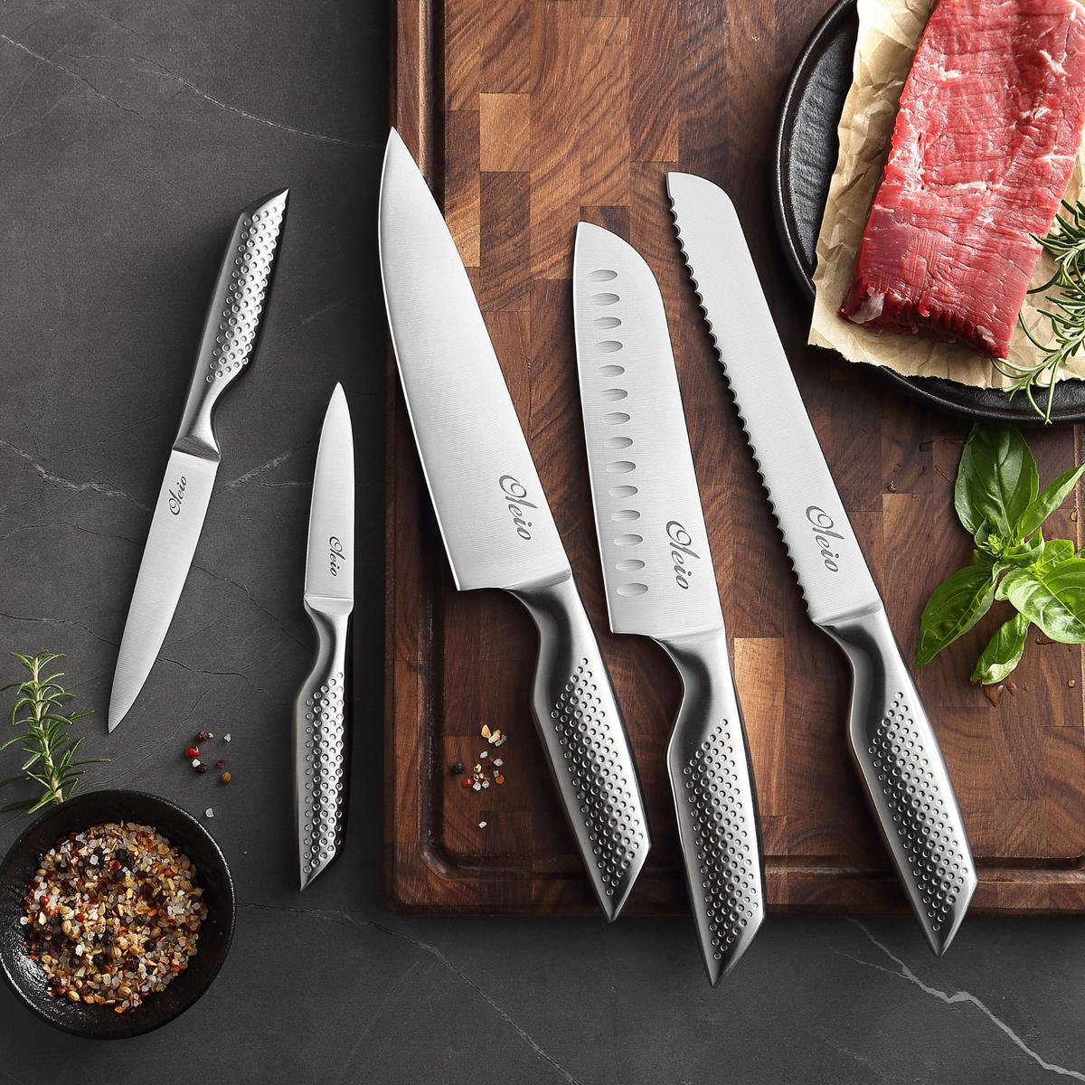 MESSERBLOCK-SET 5-TEILIG - Akaziefarben, Holz/Metall (1/1/1cm) - Oleio