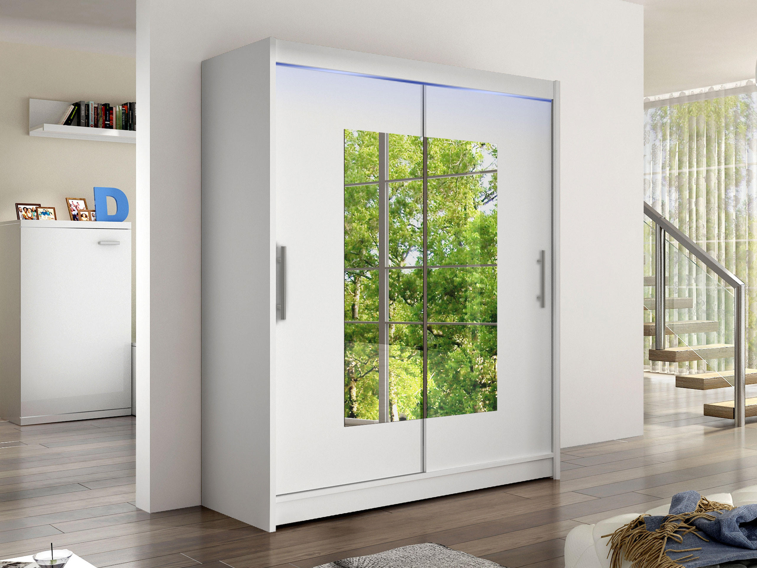 SCHWEBETÜRENSCHRANK Westa III, mit RGB LED Beleuchtung - Silberfarben/Weiß, Holzwerkstoff/Metall (150/200/58cm) - MIRJAN24