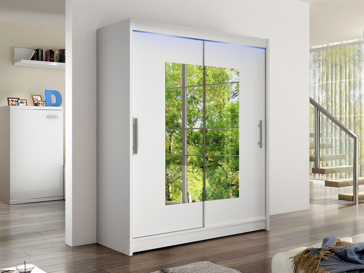 SCHWEBETÜRENSCHRANK Westa III, mit RGB LED Beleuchtung - Silberfarben/Weiß, Holzwerkstoff/Metall (150/200/58cm) - MIRJAN24