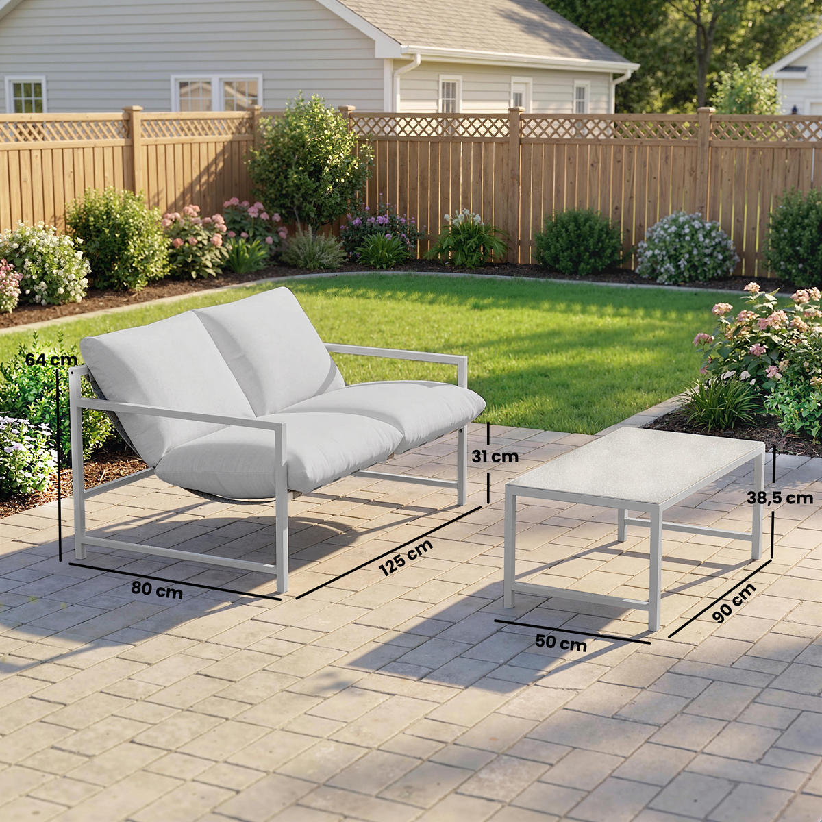 GARTENLOUNGE DE-13531 2-teilig, mit Tisch & 20 cm Kissen Hellgrau - Hellgrau, Metall - ComfortXL