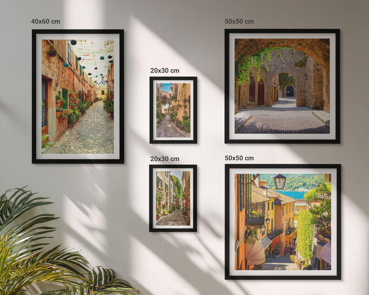 BILDER SET 5er Set - 50x50 cm & 20x30 cm & 40x60 cm Schwarzer Rahmen - Italienische Straßen, Blumen, Architektur - Schwarz, Kunststoff (40/60cm) - TULUP