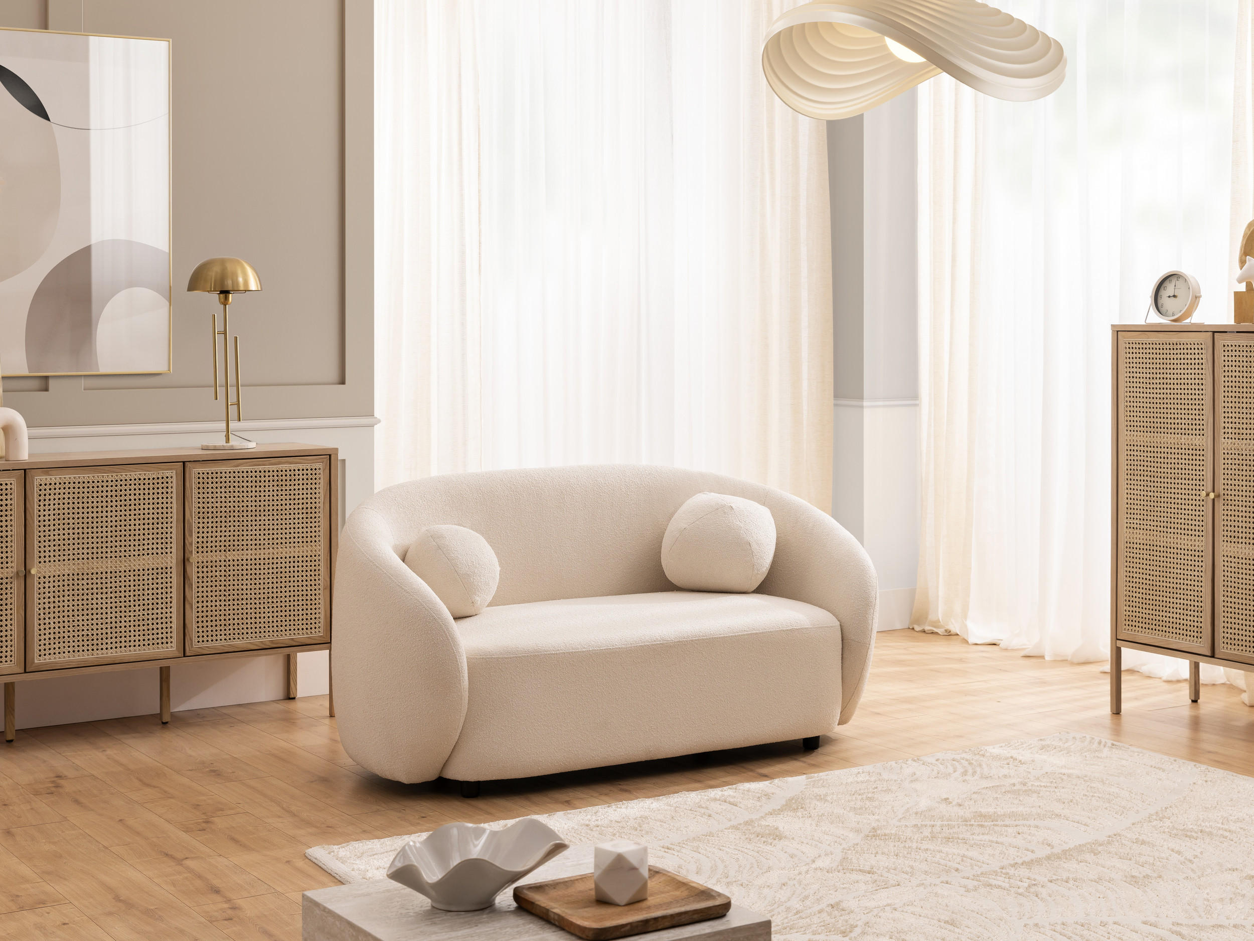 2-SITZER-SOFA Roundi Cremeweiß Bouclé - Creme/Schwarz, Holz/Kunststoff (150/76/80cm) - S-Style Möbel