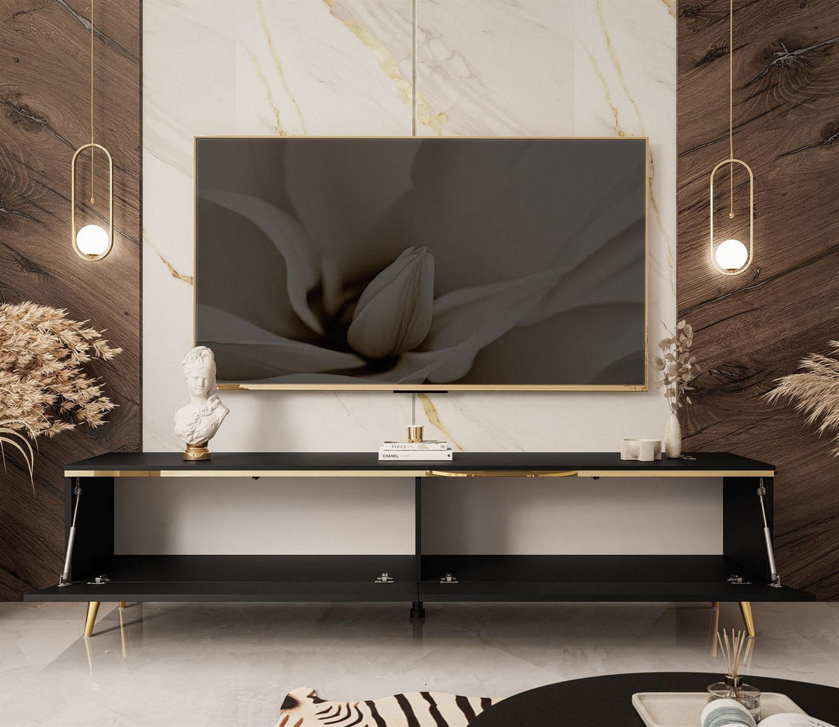 TV-LOWBOARD AURORA Schwarz Matt mit gerade Goldchrom Fuße - Goldfarben/Schwarz, Holzwerkstoff/Metall (180/45/40cm) - Lookway