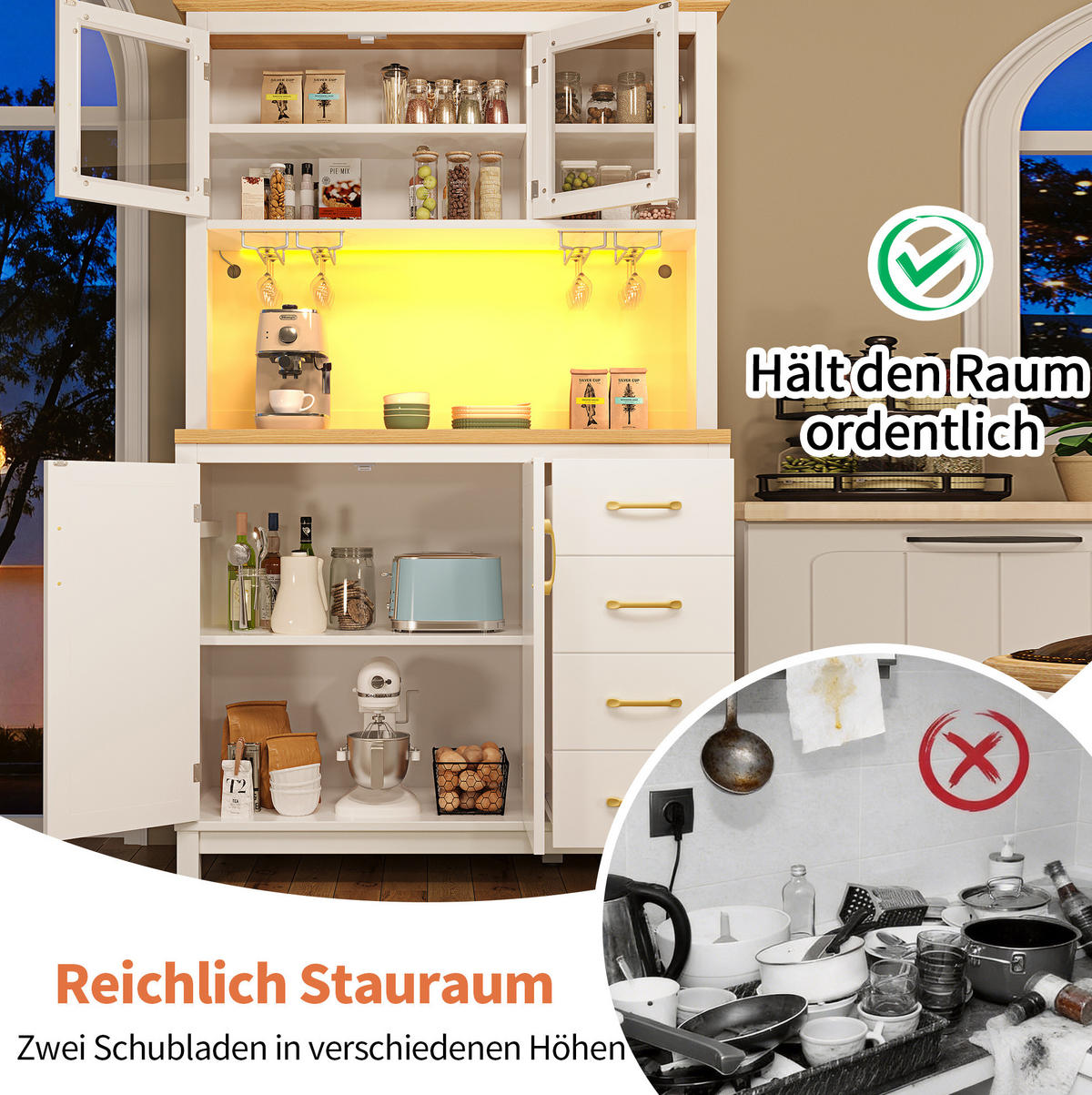 BUFFETSCHRANK 105,5/40/180 cm mit LED-Lichtleiste, App-Steuerung und viel Stauraum aus MDF, Weiß - Weiß, Holzwerkstoff (105.5/180/40cm) - Redom