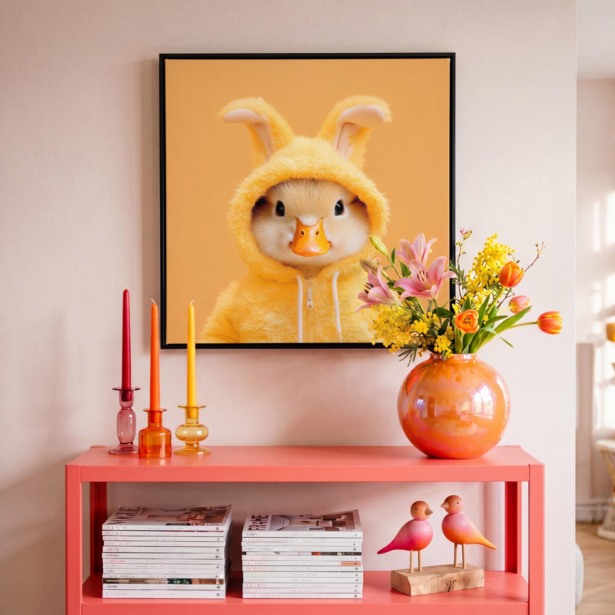 LEINWAND Bilder mit Rahmen - Osterhase - Kostüm - Ente - 50x50 - Gelb, Textil (50/50cm) - MuchoWow