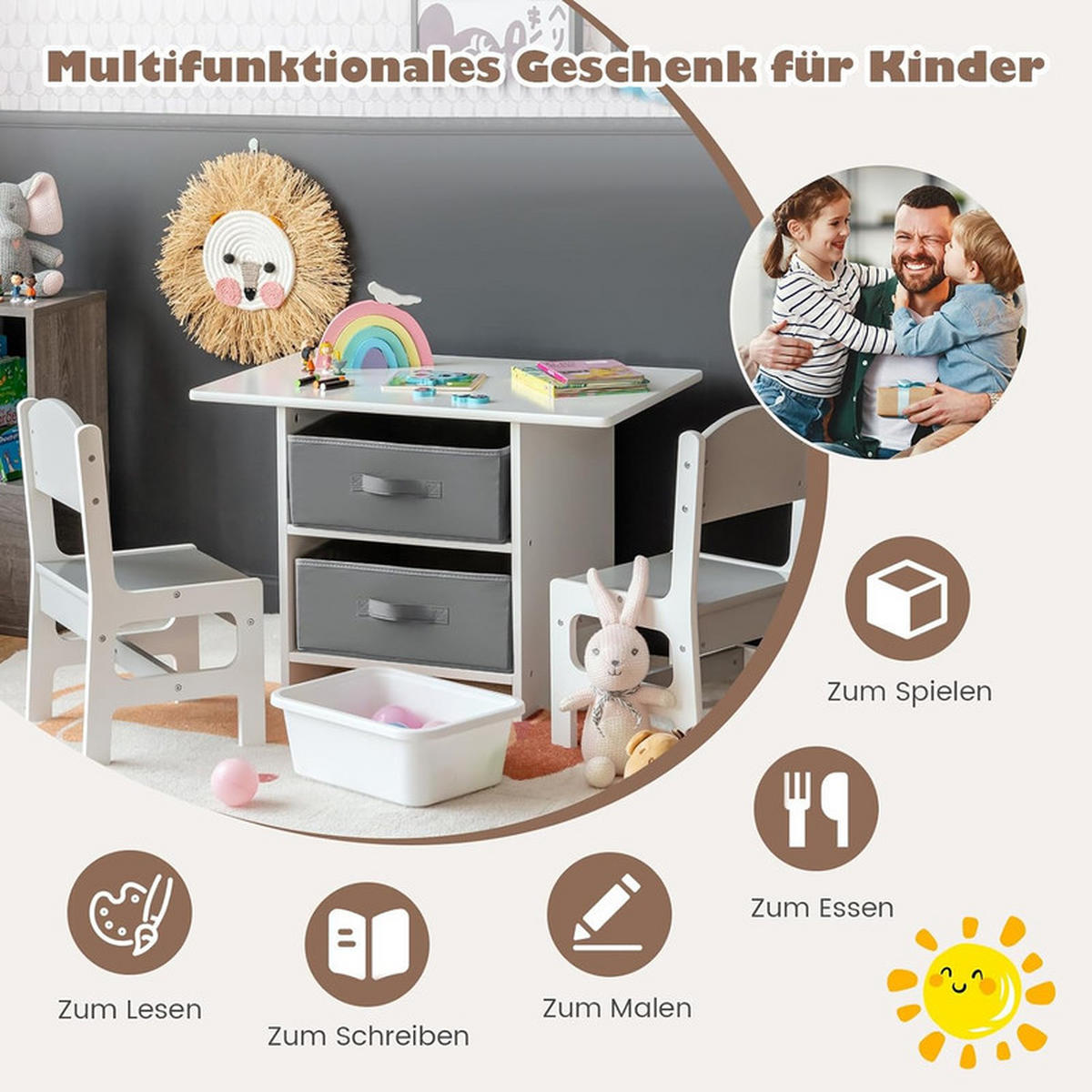 KINDERTISCHE mit Stühlen grau(3-tlg) - Grau, Holzwerkstoff (71/50/48cm) - COSTWAY