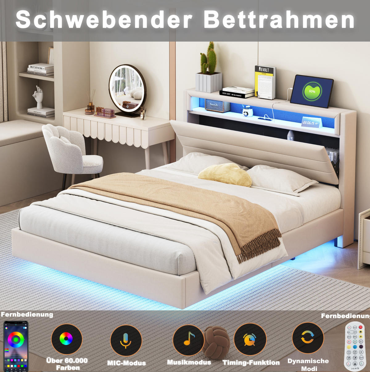 POLSTERBETT 160/200 cm Beige aus Stoff mit LED und USB-Steckdose - Beige, Textil (160/200cm) - OKMYHOME