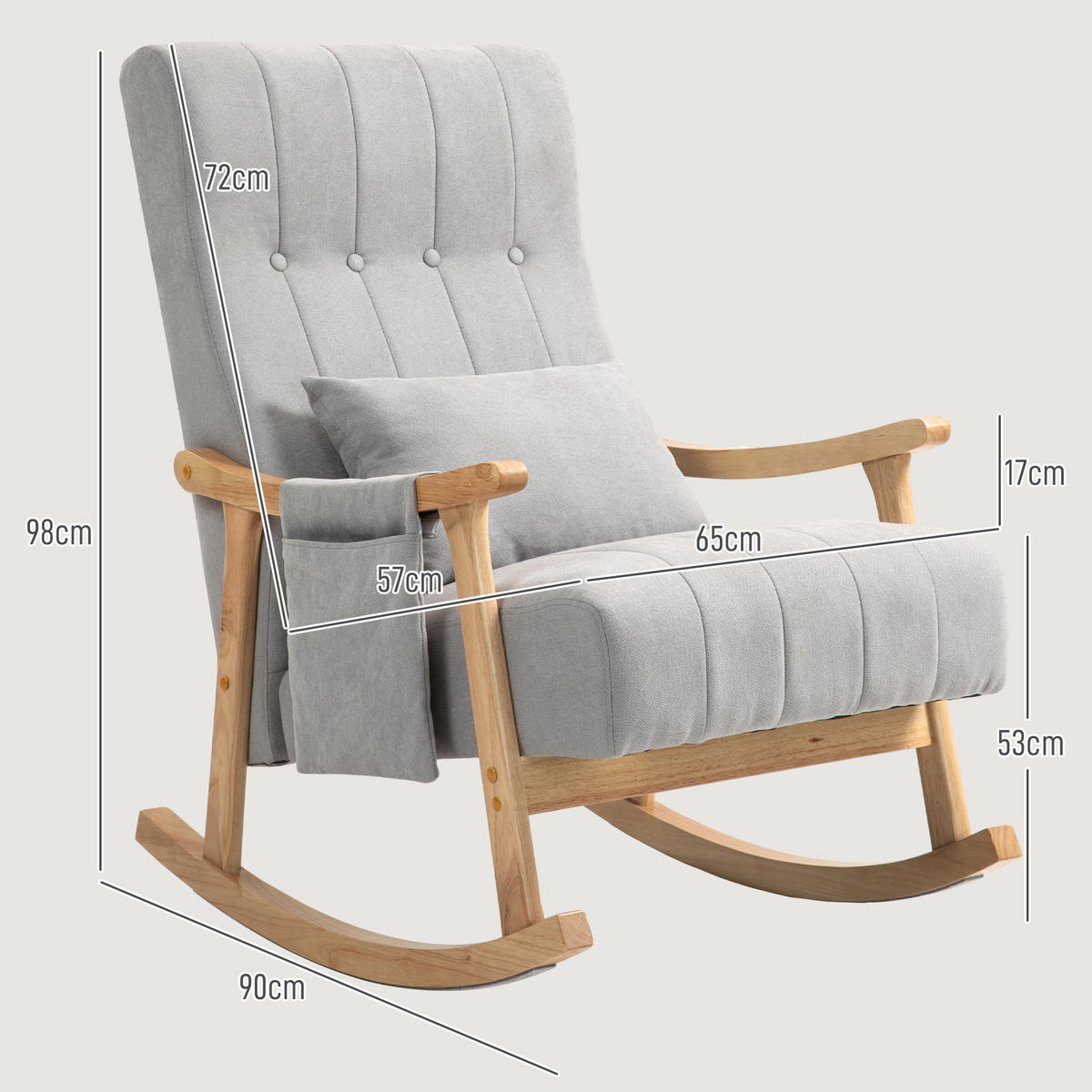 SCHAUKELSTUHL Schaukelsessel mit Lendenkissen, Seitentasche für Wohnzimmer Grau - Naturfarben/Grau, Holz/Buchenholz (65/98/90cm) - HOMCOM