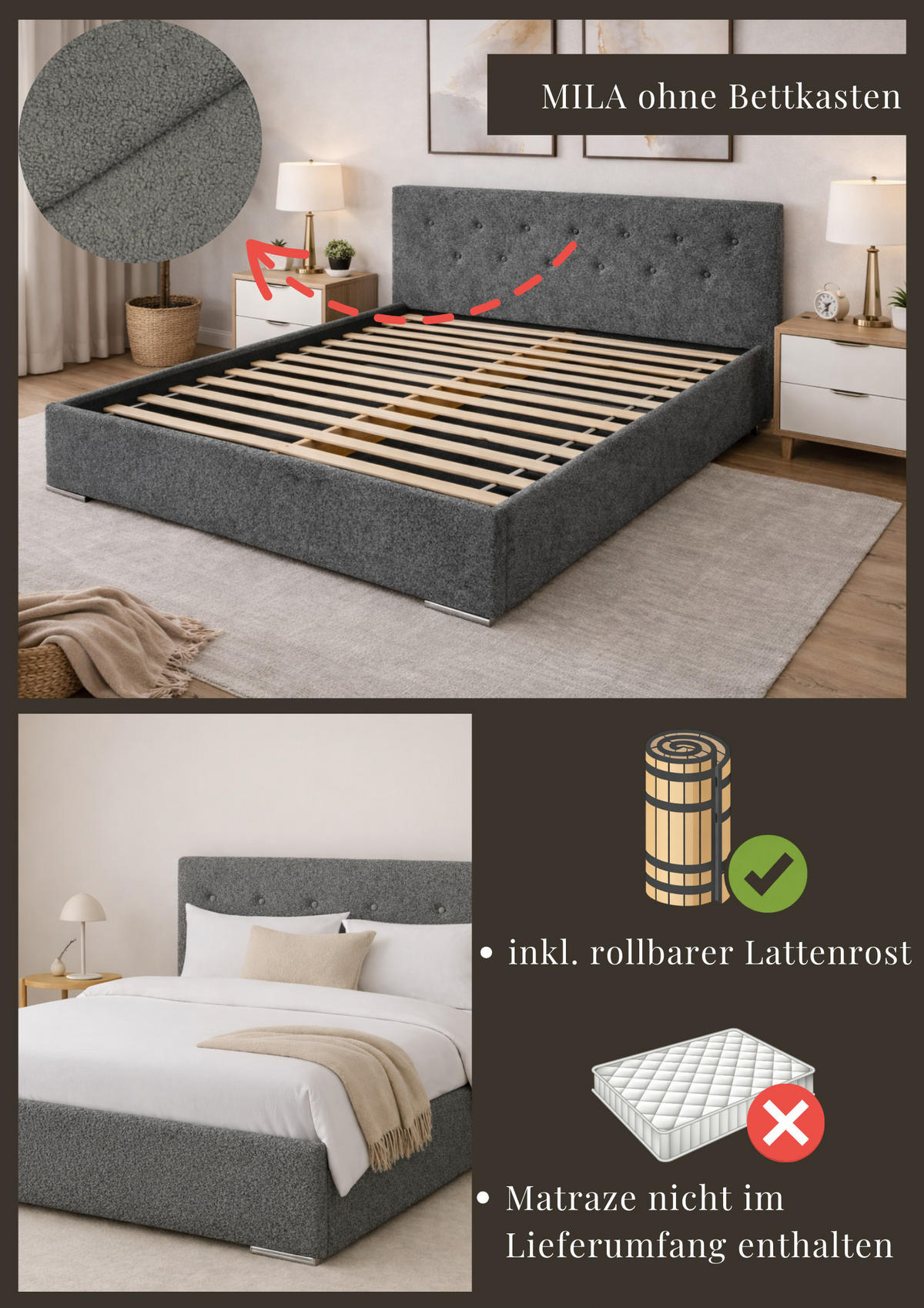 POLSTERBETT MILA 160 mit Lattenrost – Stoff Woolly 12 - Beige, Holzwerkstoff (160/200cm) - Kier Furniture