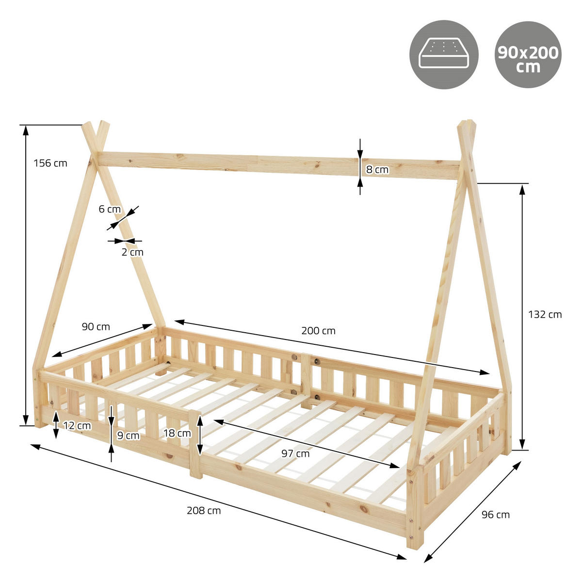 KINDERBETT Tipi 90x200 cm Natur - Naturfarben, Holz (90/200cm) - ML-DESIGN