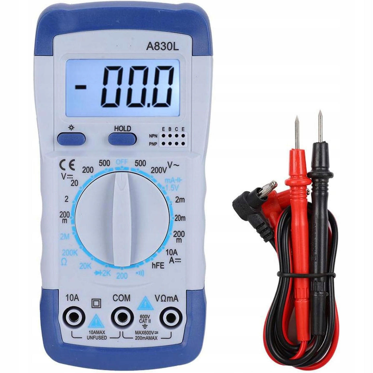 MULTIMETER A830L Digitales Multimeter, LCD, AC/DC V, DCA 10 A, Ω bis 2 MΩ, Diodentest, Durchgang, HFE, Hold, Beleuchtung, 9 V, 140 x 70 x 35 mm - Multicolor, Kunststoff/Metall (10/10/10cm)