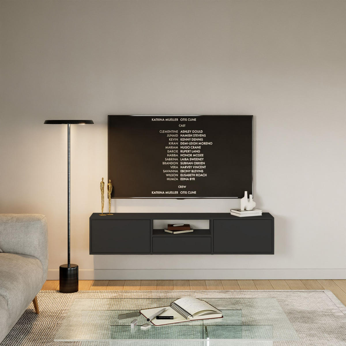 TV-LOWBOARD hängend, 3 Klappen und Ablage, Schwarz, 150 cm - Schwarz, Holzwerkstoff (150.1/30/30cm) - Selsey