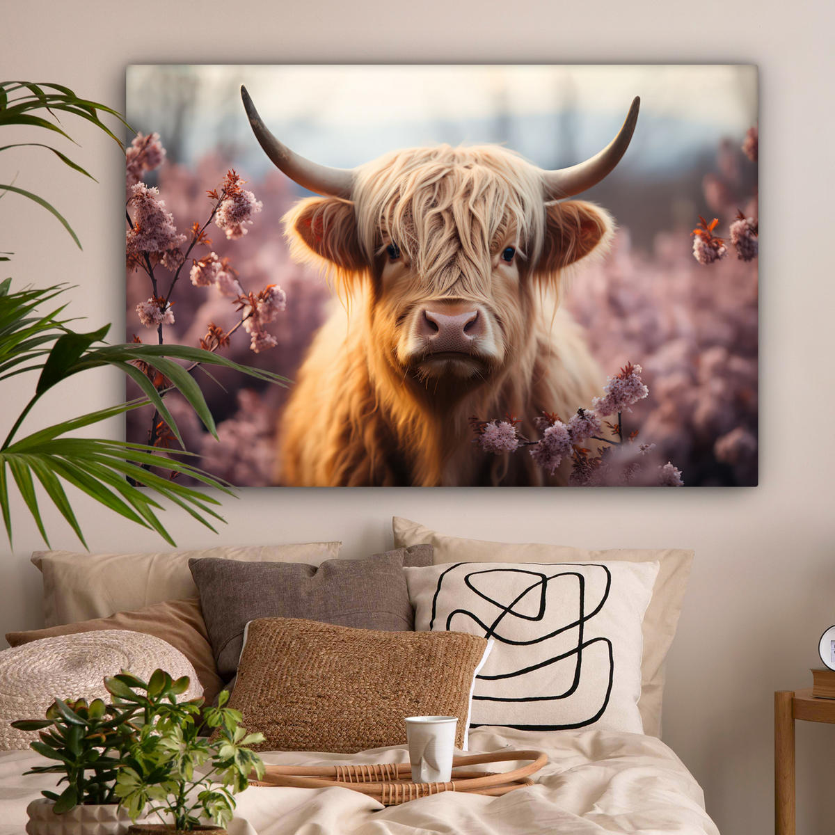 LEINWANDBILD Schottischer Hochländer - Frühling - Hochland Wohnzimmer Groß 120x80 cm - Hellrosa, Textil (120/80cm) - MuchoWow