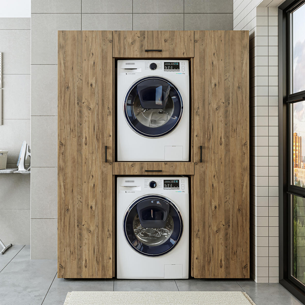 WASCHMASCHINENSCHRANK DUO-I 157cm Breit, 205cm Hoch - Eichefarben, Holzwerkstoff (157/205/67cm)