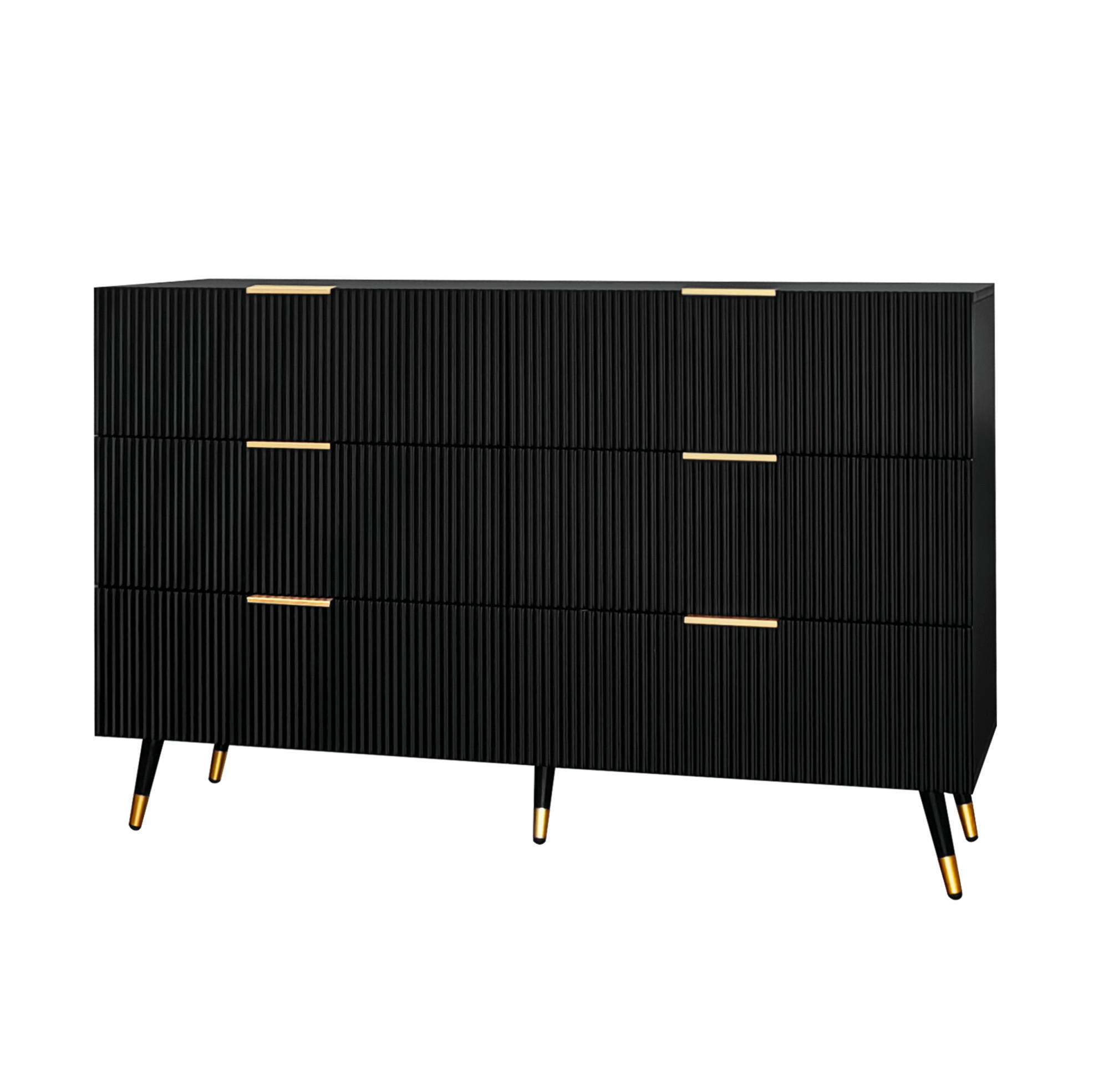 SIDEBOARD 120/40/77 cm in Schwarz mit 6 Schubladen und goldfarbenen Details - Schwarz, Holzwerkstoff (120/40/77cm) - Flora Grace