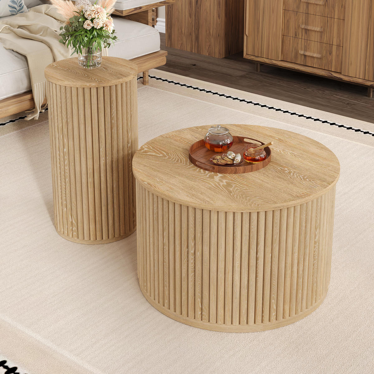 COUCHTISCH Set rund 60/38,5 cm Natur MDF mit 3D-Streifenmuster - Naturfarben, Holzwerkstoff (60/60/38.5cm) - OKWISH