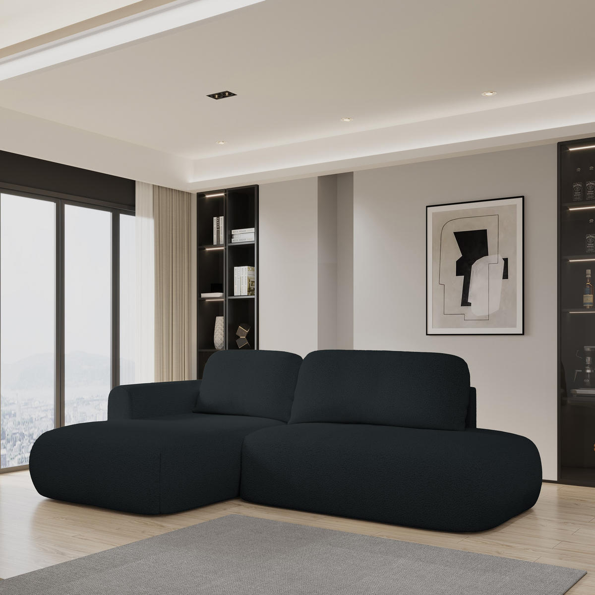 ECKSOFA NUVIRA L-S Schwarz Boucle-Stoff mit Schlaffunktion - Schwarz, Holz (274/165cm) - MASSENO
