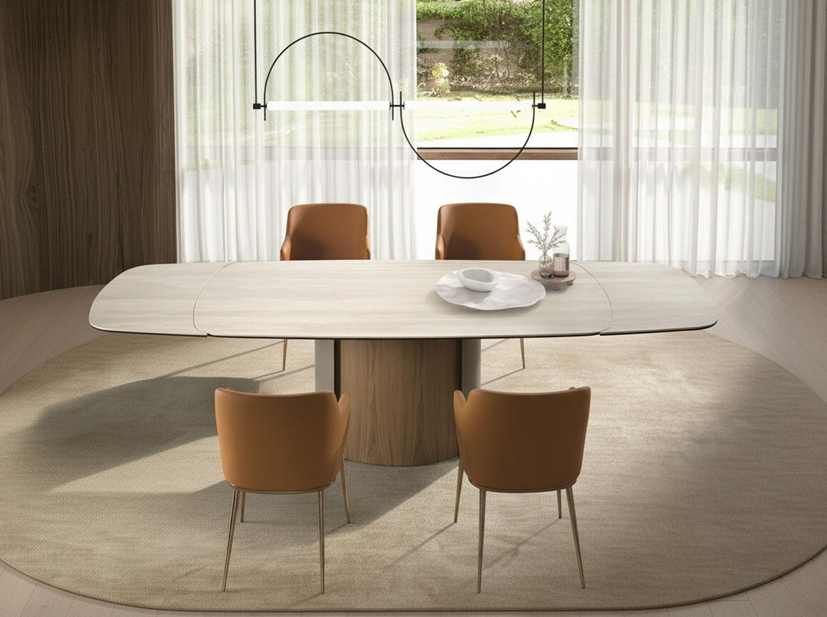 ESSTISCH Rechteckiger ausziehbarer Esstisch aus Porzellanmarmor, Stahl in Sandmetallic und Nussbaum 180/100/76 cm - Beige, Stein (100/180/76cm) - ANGEL CERDA