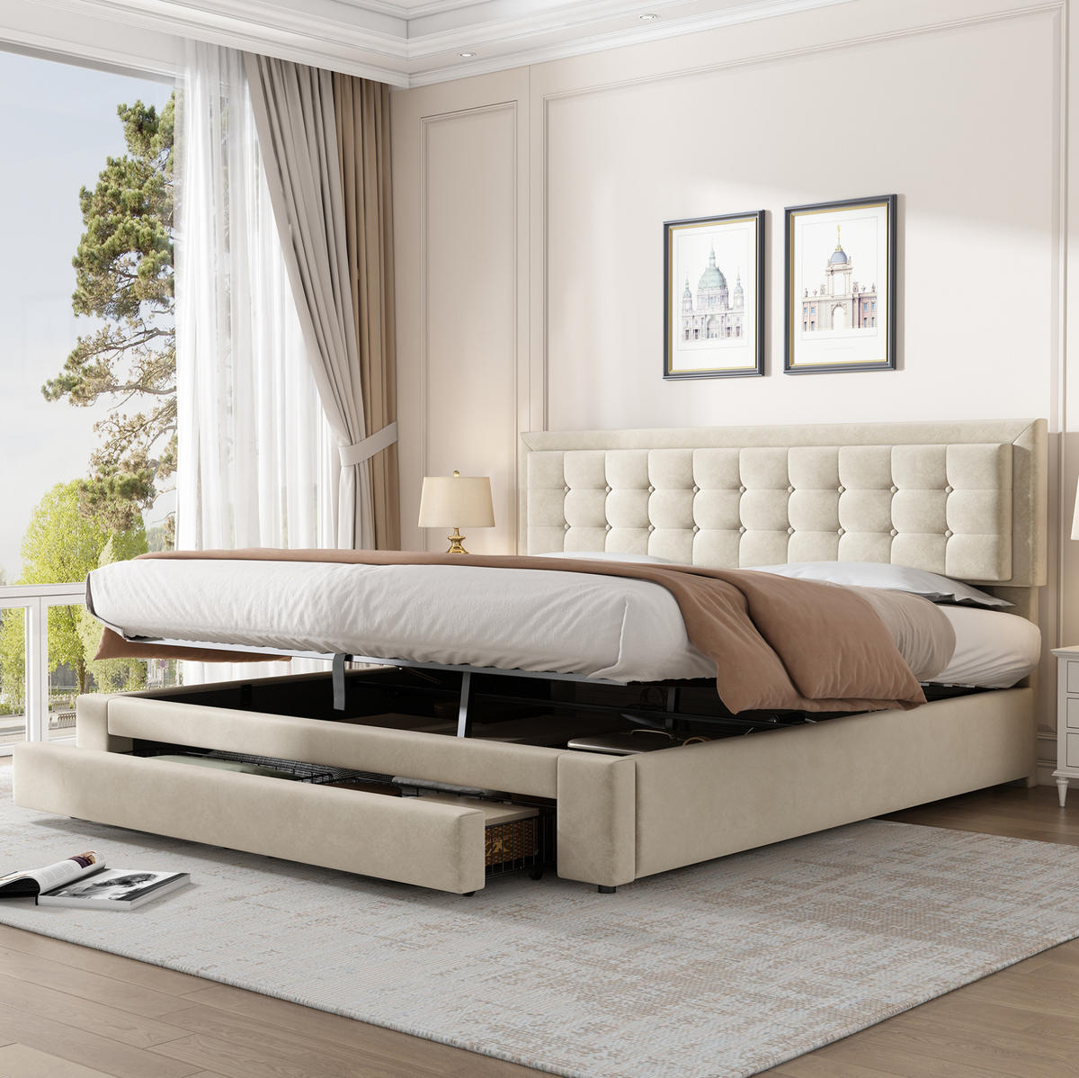 POLSTERBETT 180/200 cm Beige mit Stauraum und höhenverstellbarem Kopfteil - Beige, Textil (180/200cm) - OKWISH