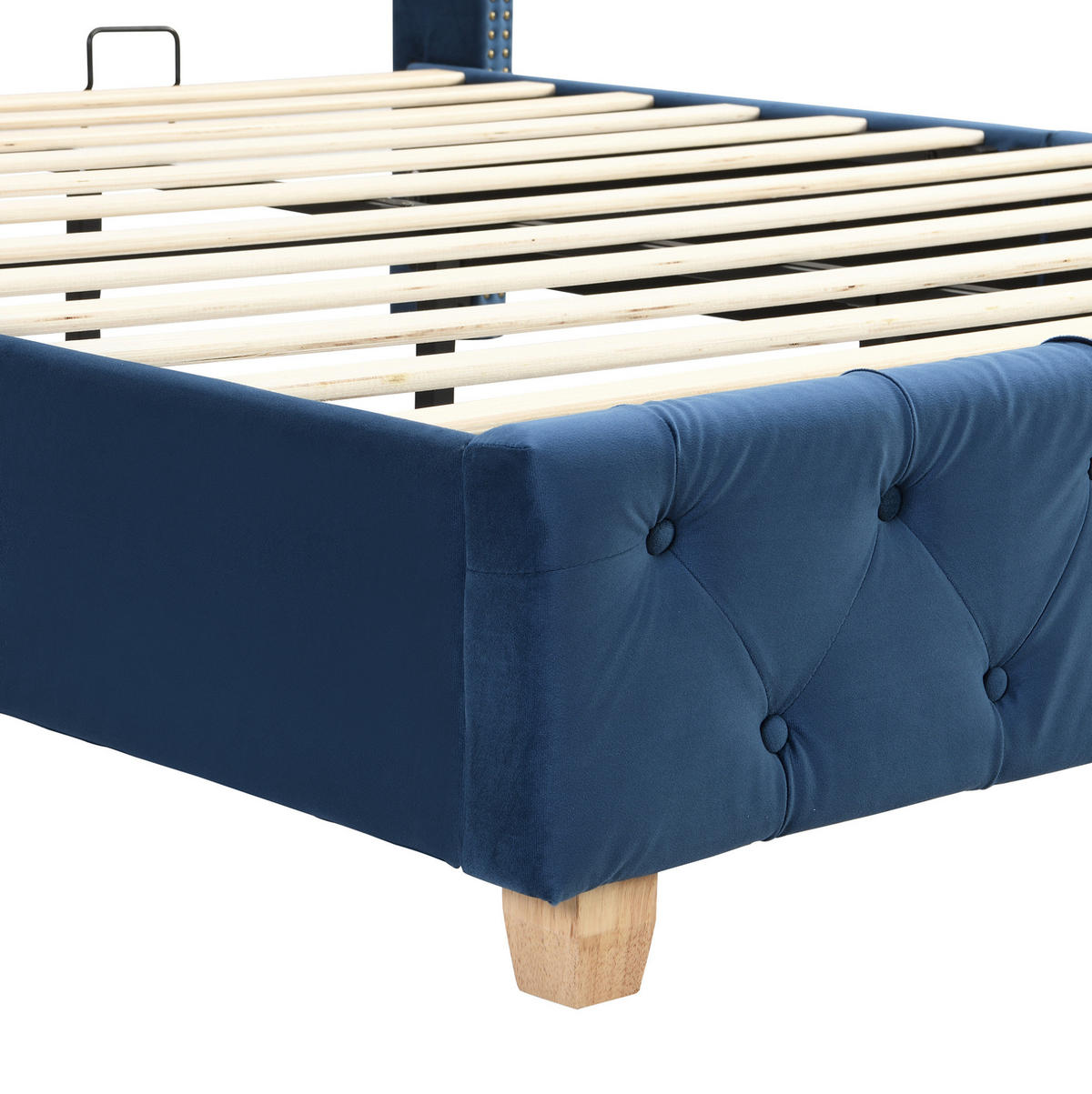 POLNJENA postelja iz žameta 160x200 cm modra s tapeciranim vzglavjem, gumbnim oblazinjenjem in kovinskimi okrasnimi čepi - modra, tekstil (160/200cm) - Modfu