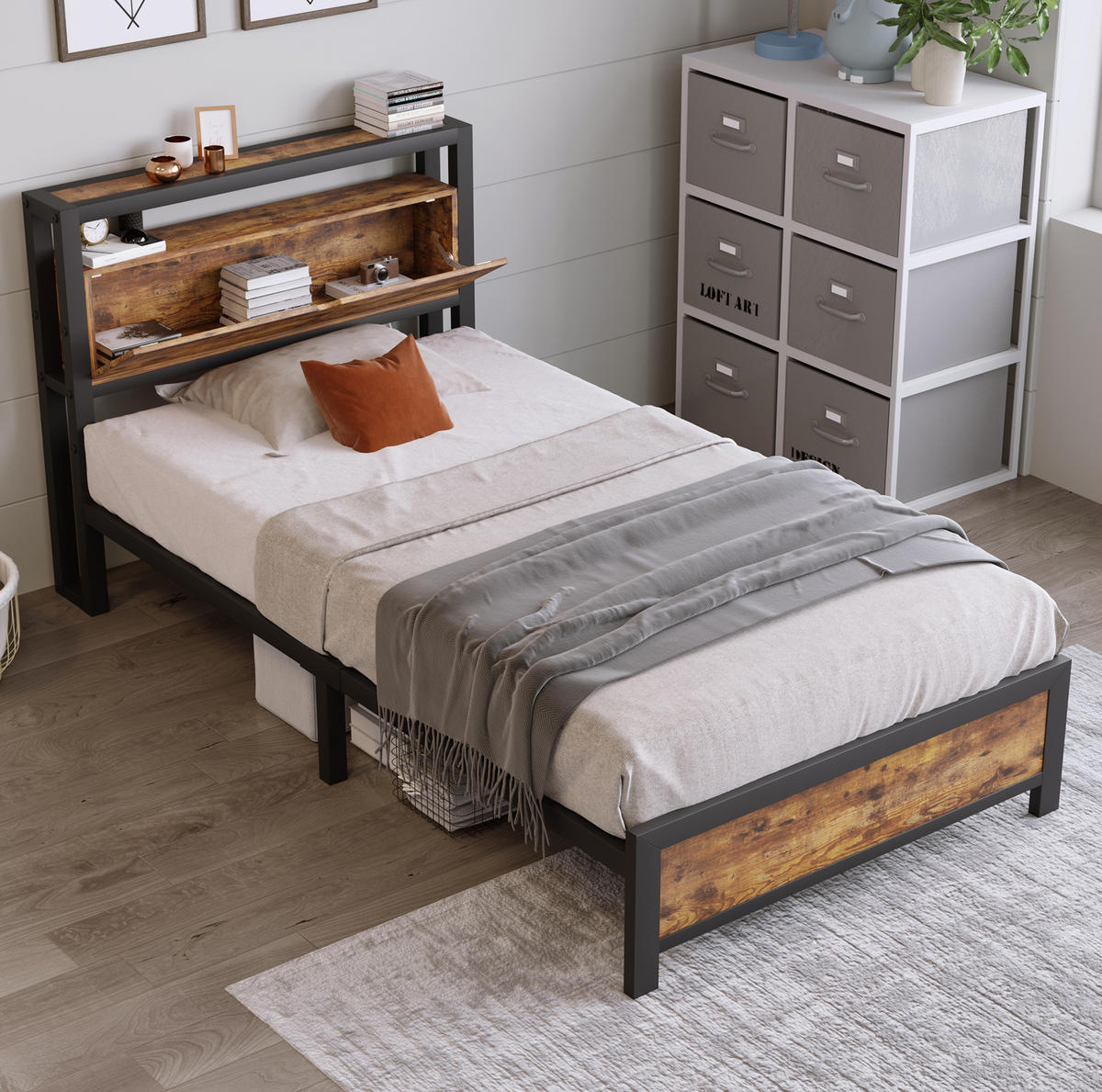 METALLBETT 90/200 cm mit Stauraum-Kopfteil in Natur/Schwarz im Industrial-Stil - Naturfarben, Metall (90/200cm) - Flora Grace