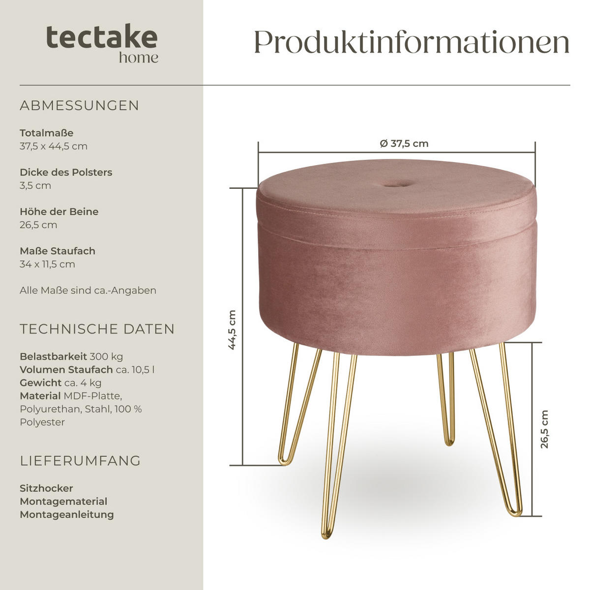 SITZHOCKER mit Stauraum Ava,37,5 x 44,5 cm,rosa - Rosa, Holz (37.5/44.5/37.5cm) - tectake