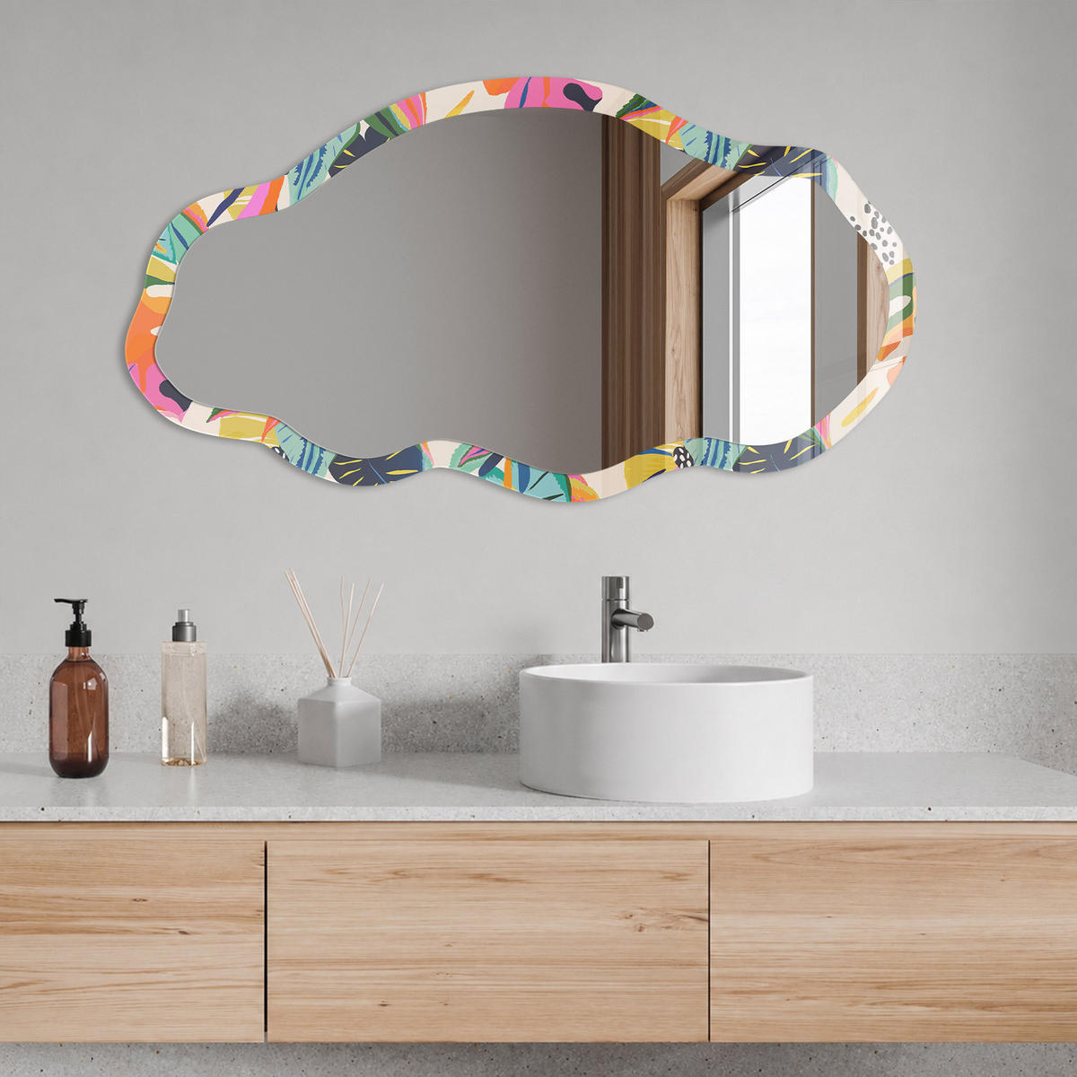 SPIEGEL 90x45 cm asymmetrisch mit Druck - Farbenfroher Dschungel - Transparent, Glas (45/90/0.4cm) - TULUP