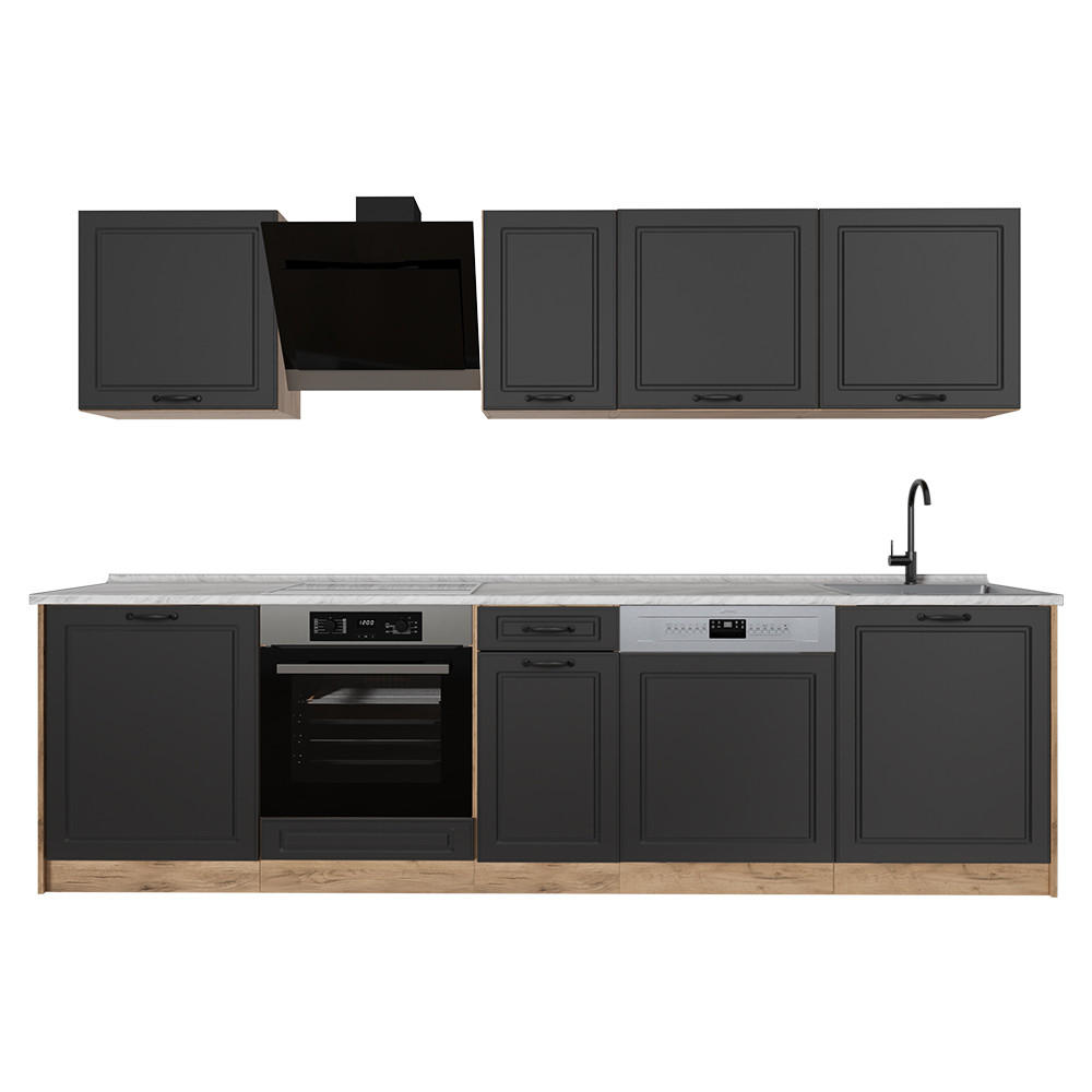 KUCHYNKA R-Line, Antracitový vidiecky dom/Dub Goldkraft, 280 cm Marmori työtaso - dub medový/antracitová, kompozitné drevo (280/206.8/60cm) - Vicco