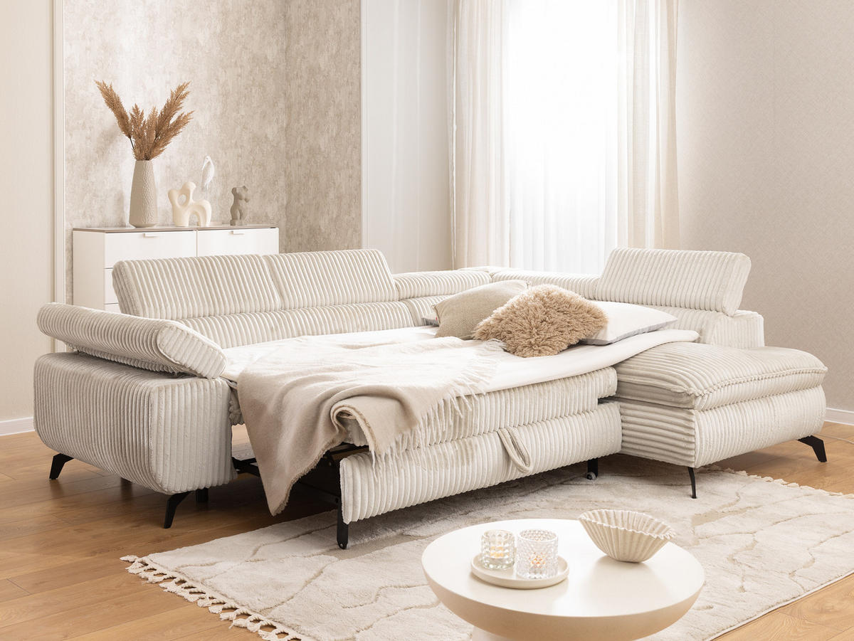 ECKSOFA mit Schlaffunktion und Bettkasten Bonnie aus Creme Cord-Stoff mit verstellbaren Kopfstützen und Armlehne - Ottomane rechts - Creme/Schwarz, Holz/Textil (275/210cm) - S-Style Möbel