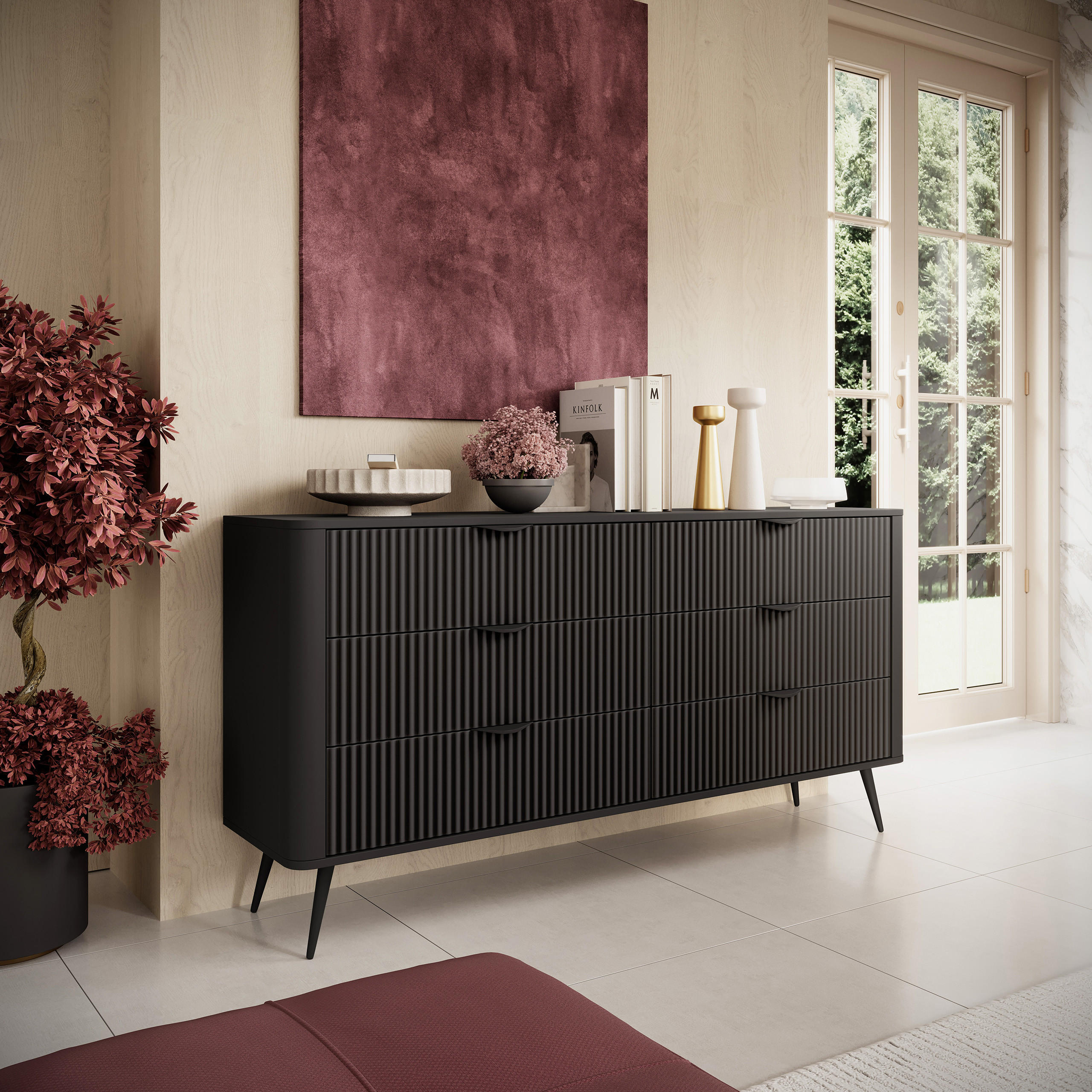 SIDEBOARD LANTANA 163/18/38 cm mit 6 Schubladen Schwarz - Schwarz, Holzwerkstoff (163/81/38cm) - MASSENO