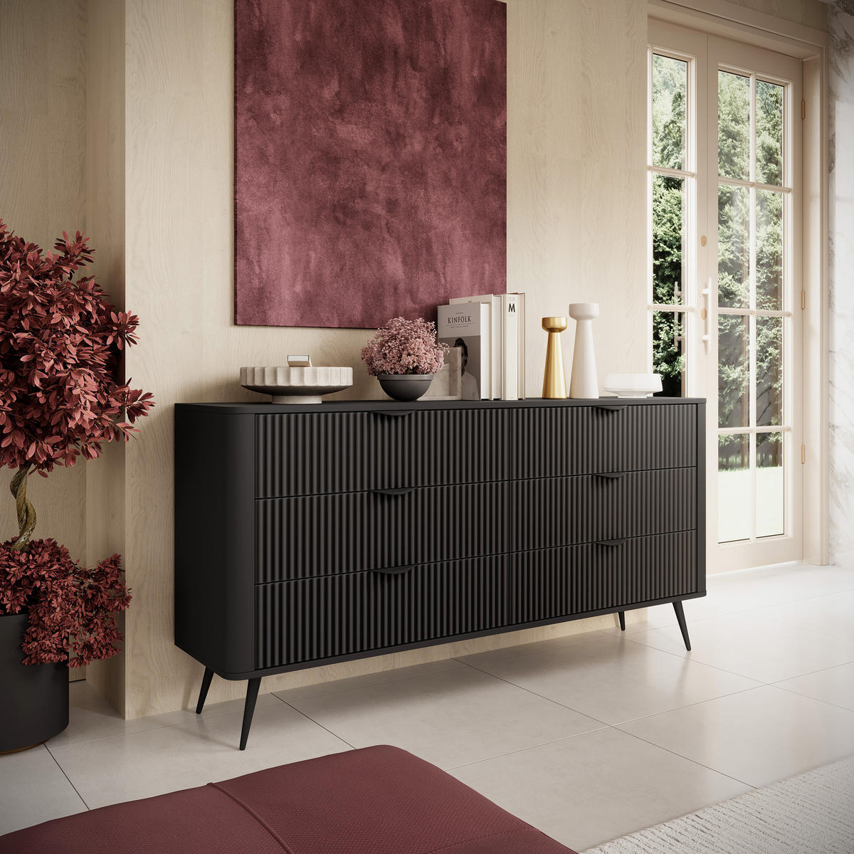 SIDEBOARD LANTANA 163/18/38 cm mit 6 Schubladen Schwarz - Schwarz, Holzwerkstoff (163/81/38cm) - MASSENO