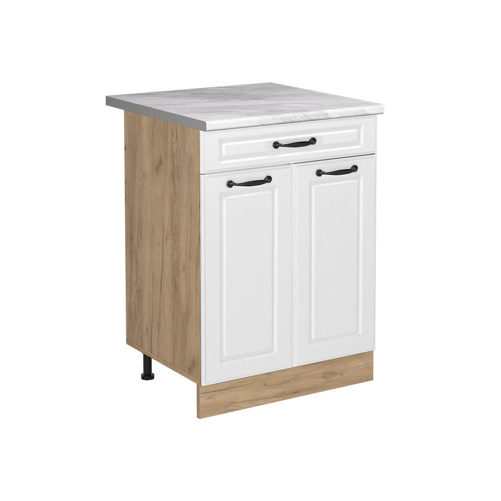 KÜCHENUNTERSCHRANK R-Line, Weiß Landhaus/Goldkraft Eiche, 60 cm mit Schublade Arbeitsplatte Marmor - Honigeiche/Weiß, Holzwerkstoff (60/81.6/60cm) - Vicco