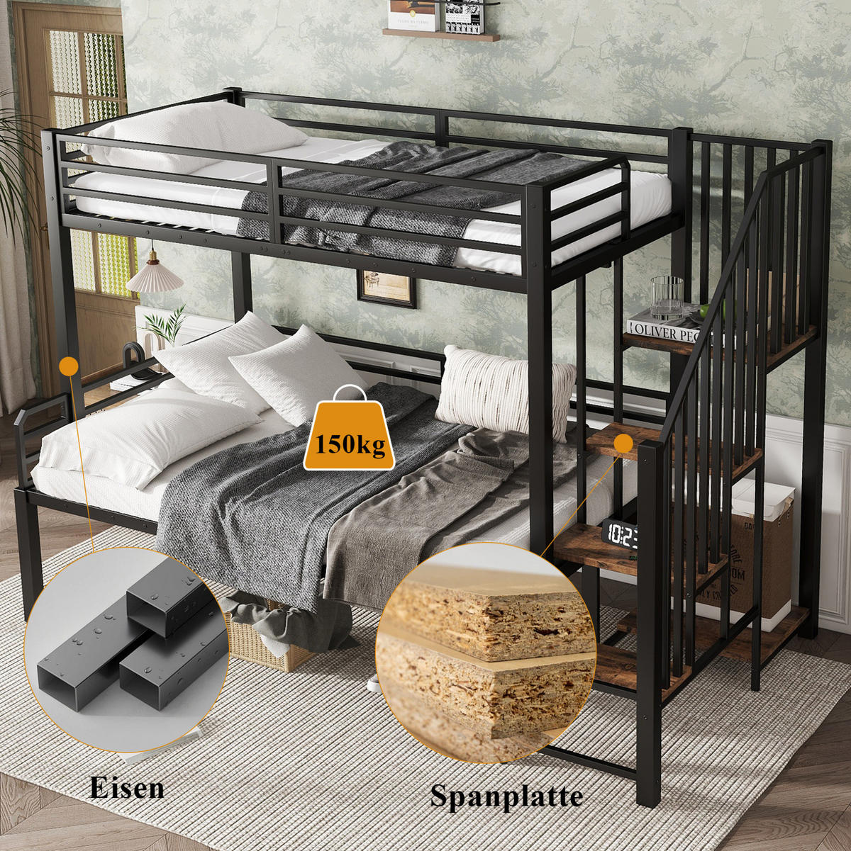ETAGENBETT 90/120x200 cm aus Metall mit Eckleiter und Stauraum in Schwarz - Schwarz, Holzwerkstoff (90/200cm) - Flora Grace