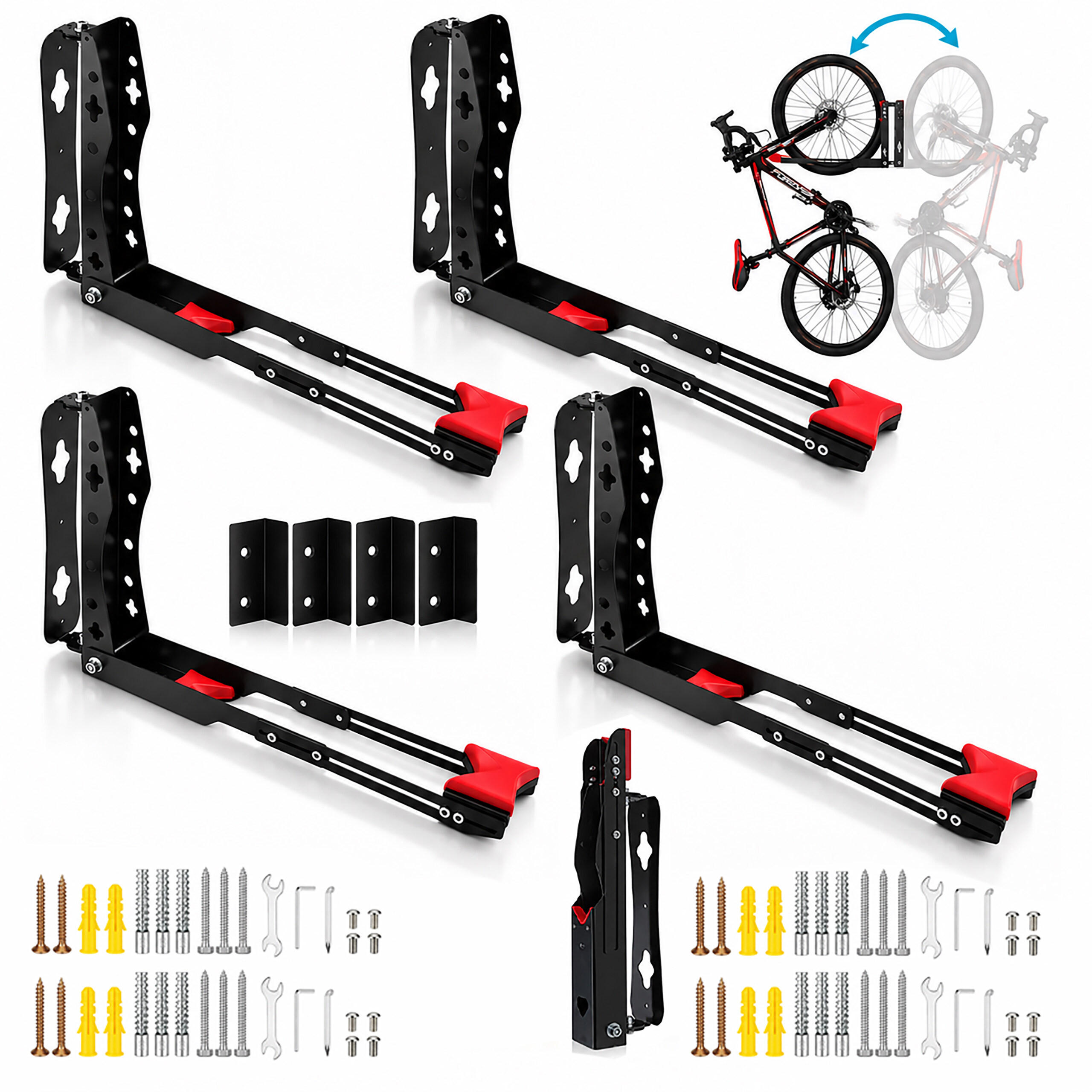 FAHRRAD-WANDHALTERUNG Schwarz Rot 4er-Set schwenkbar - Schwarz, Metall (6.5/39/65.5cm) - Relaxdays