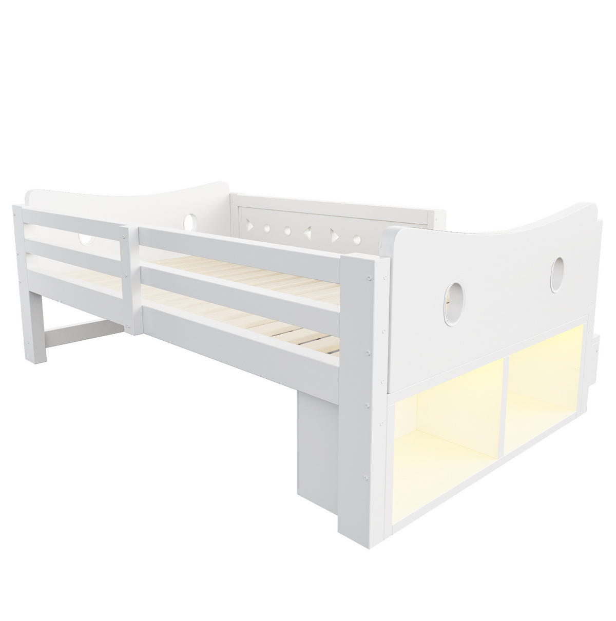 KINDERBETT Holz 90x200 cm Weiß mit Stauraum, Sicherheitsgittern, LED, USB- und Typ-C-Anschluss - Weiß, Holz (90/200cm) - Modfu