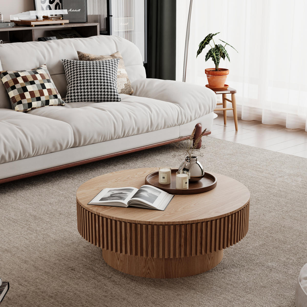COUCHTISCH DE-37318 rund mit verstecktem Stauraum und Rillendesign Naturholz - Naturfarben, Holzwerkstoff (75/75/35cm) - ComfortXL