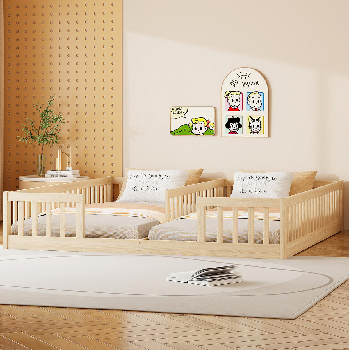 KINDERBETT 90/200 cm mit Sicherheitsgitter, Lattenrost und Doppelliege aus Kiefernholz, Natur - Naturfarben, Holz (90/200cm) - Redom