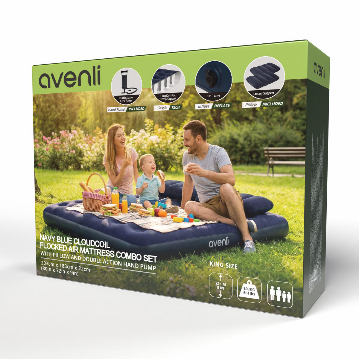 LUFTBETT Luftmatratze Camping 203x183x22cm mit Pumpe und 2 Kissen - Blau, Kunststoff (183/203cm) - Avenli