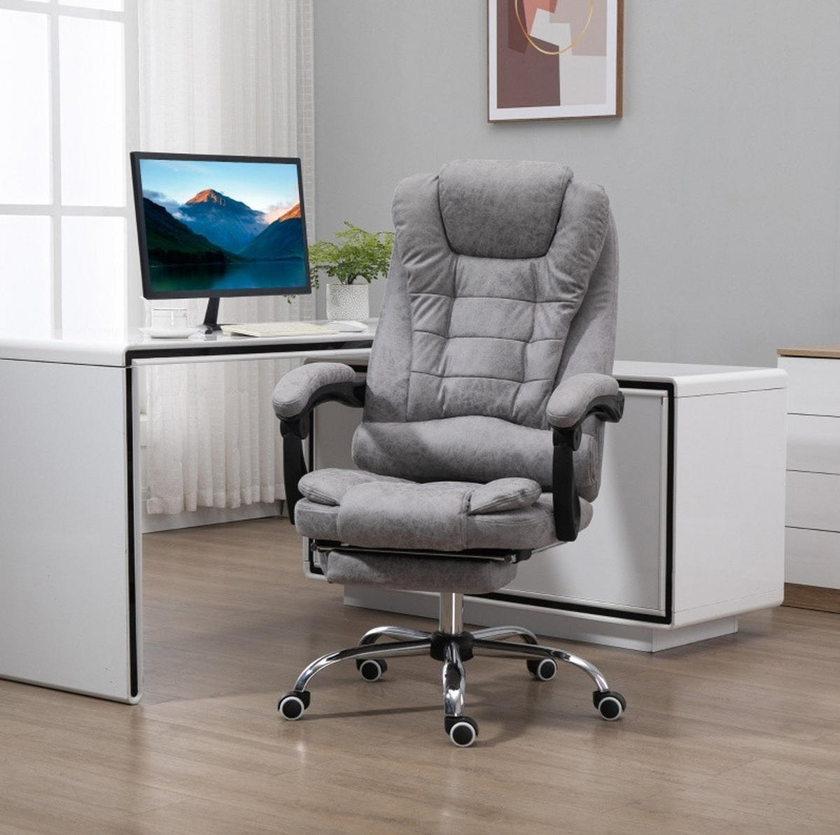 DREHSTUHL 65/70/111-119 cm grau aus Mikrofaser mit Massage - Grau, Textil (70/119/65cm) - OKWISH
