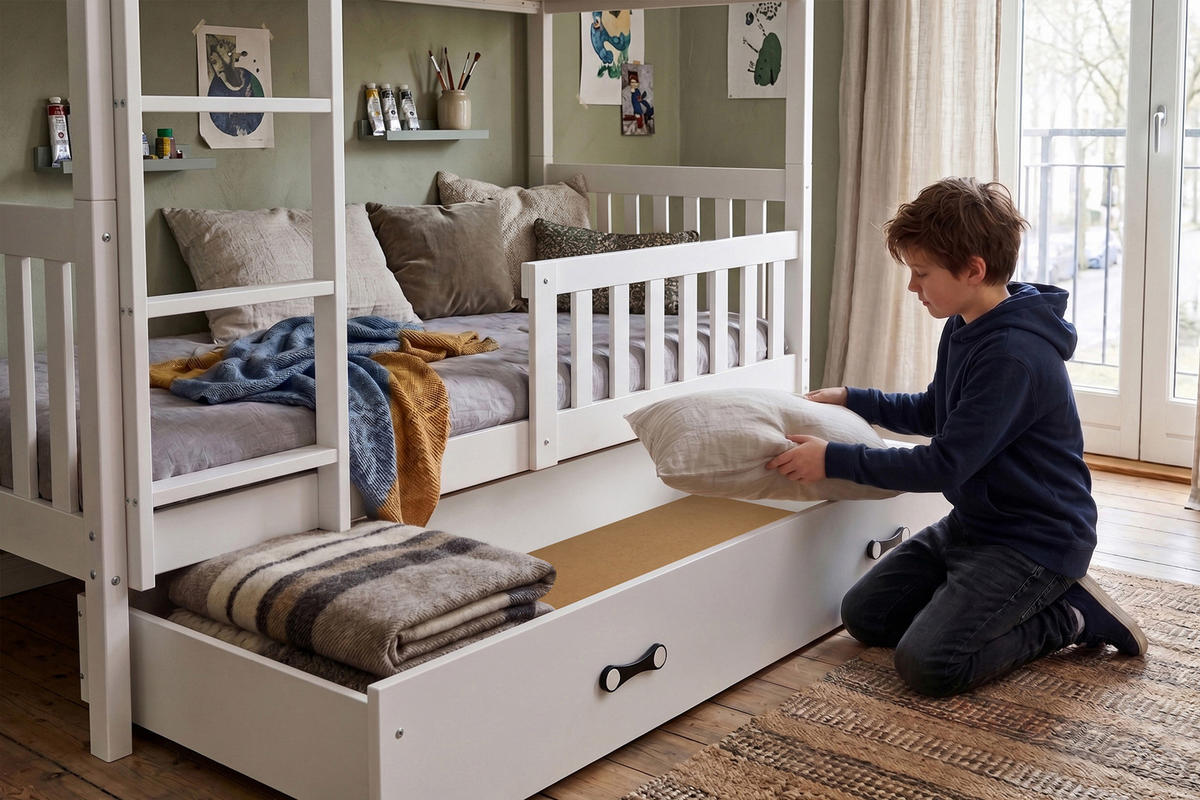 ETAGENBETT 90x200 in Weiß mit Lattenrost – Kinderbett mit Schublade & Rausfallschutz JAKOB - Weiß, Holz (90/200cm) - Interbeds