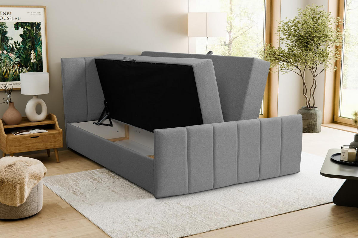 BOXBETT CLAUDINE mit 2 Bettkästen, 180x200, Farbe: Grau, Velourstoff, mit Bonell-Matratze inkl. Topper - Grau, Holz/Kunststoff (180/200cm) - VENASI MÖBEL
